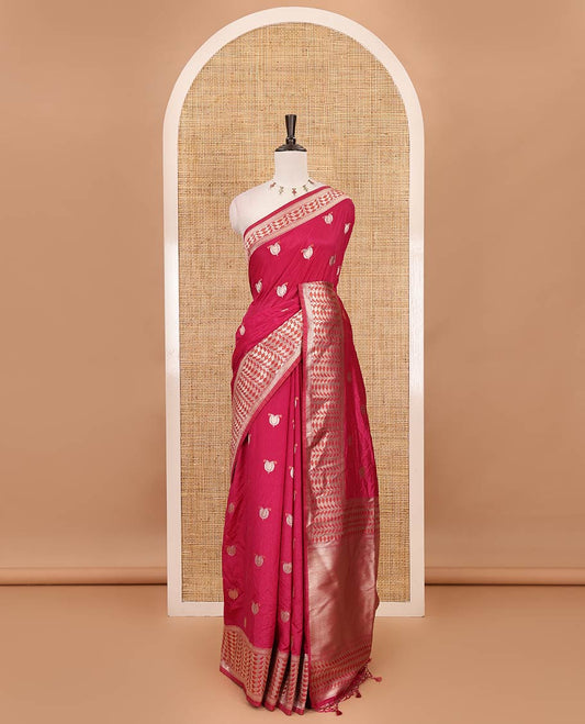 Rani pink leaf zari buttas dola silk saree, geometric patterned zari border, pallu of geometric pattern & diagonal stripes & plain blouse