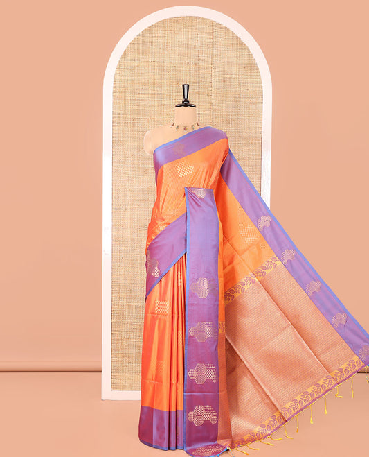 Orange Fancy Soft Silk Saree, Embellished with Zari Buttas and Zari Stripes, Complemented by a Contrast Border of Hexagon-Shaped Designs, Majestically Detailed Pallu, and Paired with a Contrast Blouse