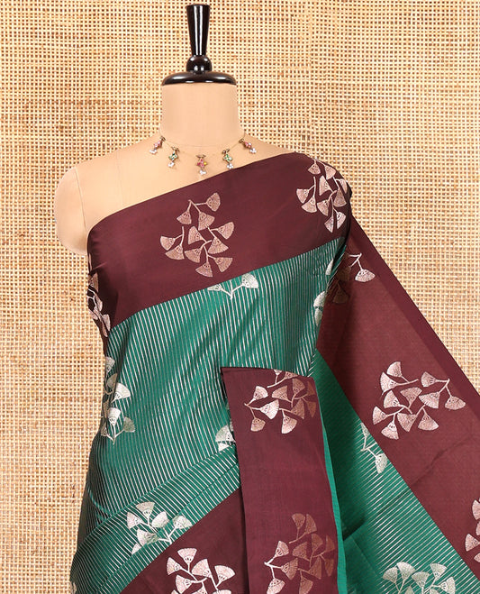 Dark Green Semi-Soft Silk Saree, Highlighted by Vaira Oosai Stripes and Floral Buttas All Over Its Body, Complemented by a Contrast Floral Buttas Border, an Intricately Designed Pallu, and Paired with a  Contrast Blouse