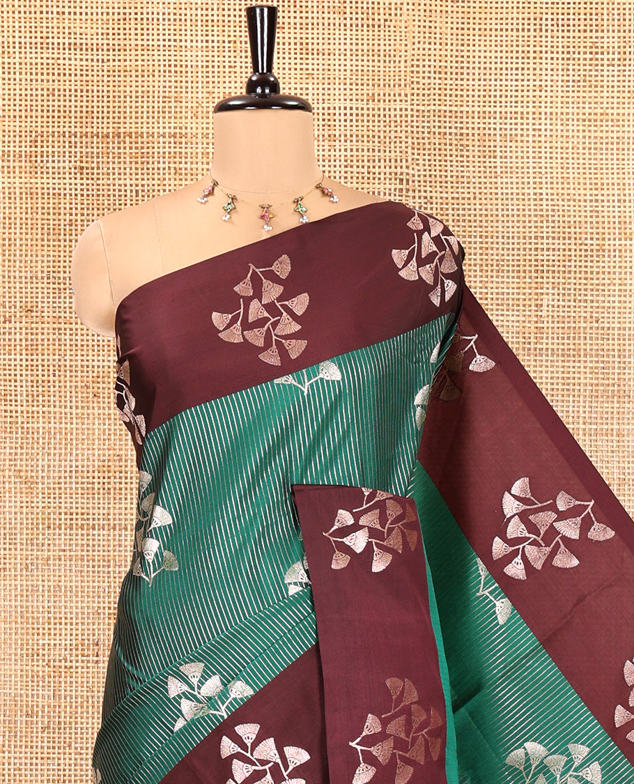 Dark Green Semi-Soft Silk Saree, Highlighted by Vaira Oosai Stripes and Floral Buttas All Over Its Body, Complemented by a Contrast Floral Buttas Border, an Intricately Designed Pallu, and Paired with a  Contrast Blouse
