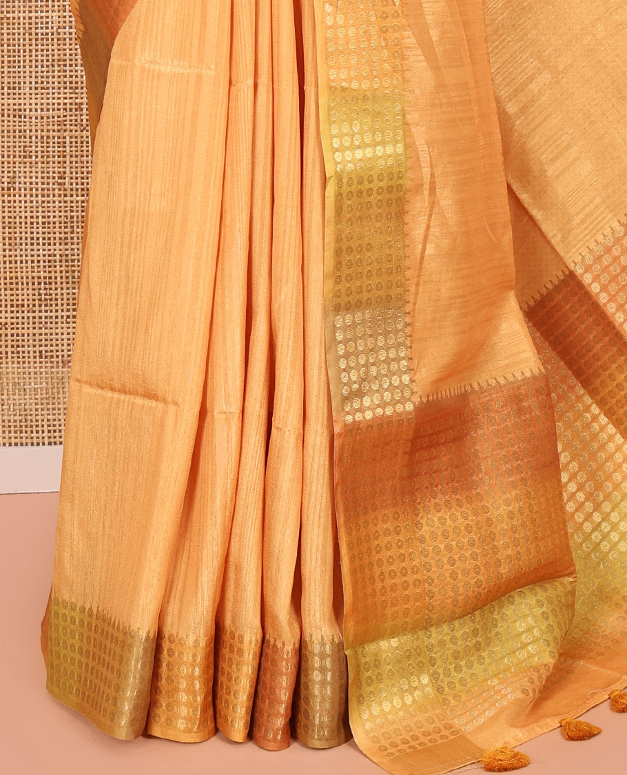 Mustard Plain Matka Silk Fancy Saree , Small Polka Dots Woven Temple contrast Border, Pallu Steeped with Polka Dots, and Paired with a Patola-Style Floral Printed Blouse