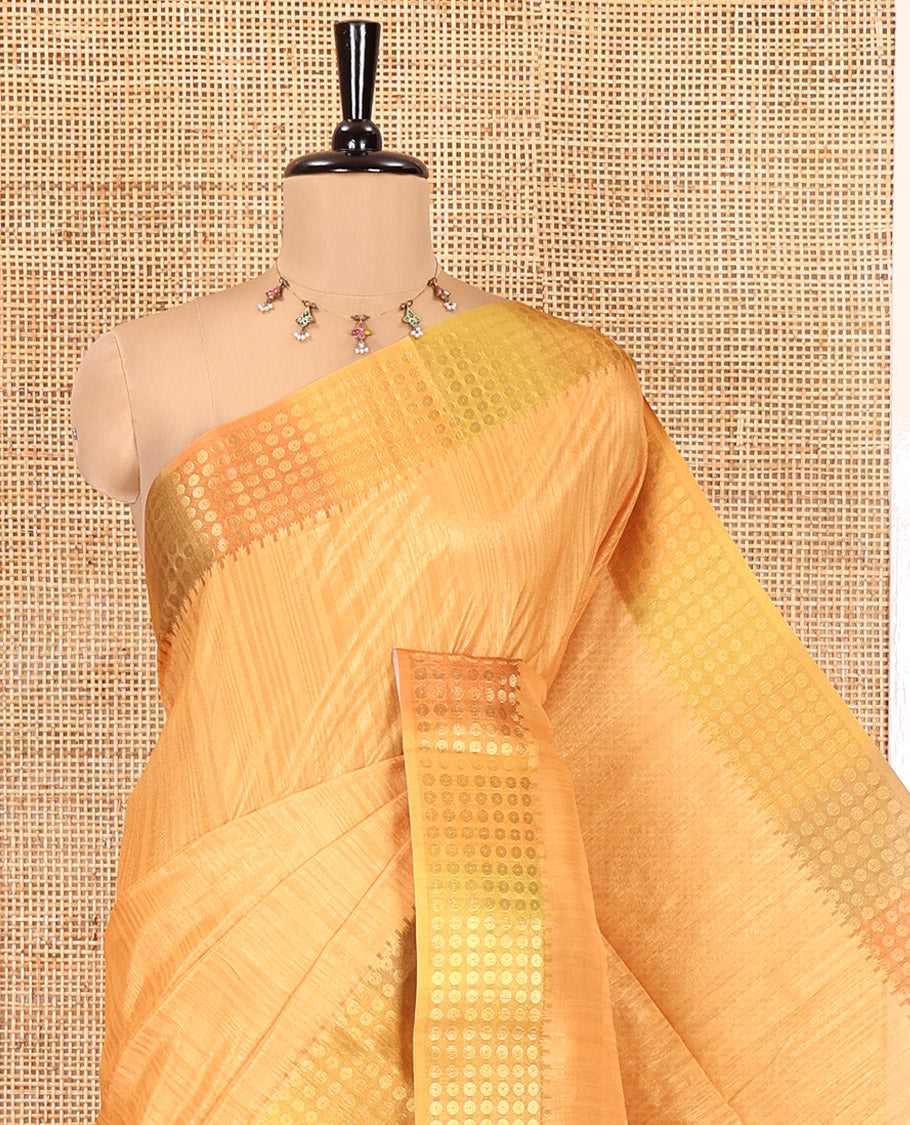 Mustard Plain Matka Silk Fancy Saree , Small Polka Dots Woven Temple contrast Border, Pallu Steeped with Polka Dots, and Paired with a Patola-Style Floral Printed Blouse
