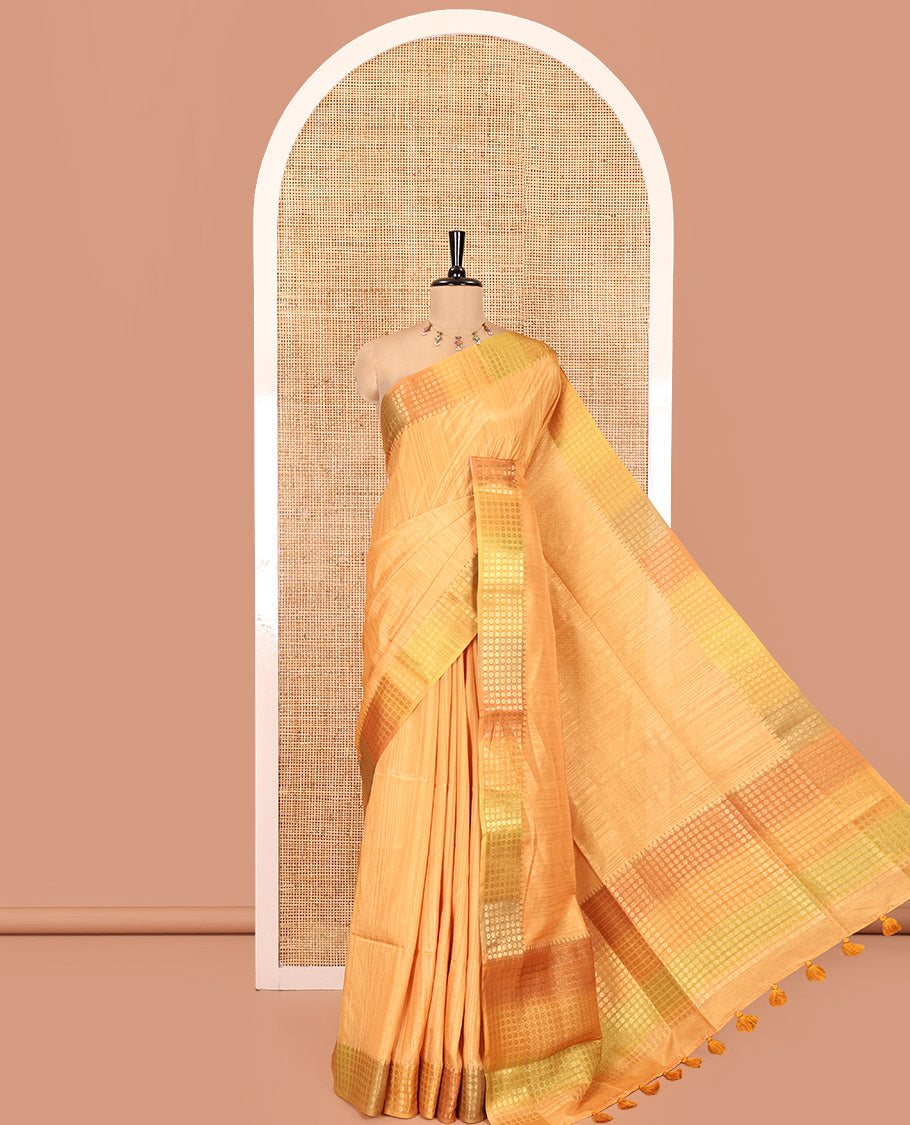Mustard Plain Matka Silk Fancy Saree , Small Polka Dots Woven Temple contrast Border, Pallu Steeped with Polka Dots, and Paired with a Patola-Style Floral Printed Blouse