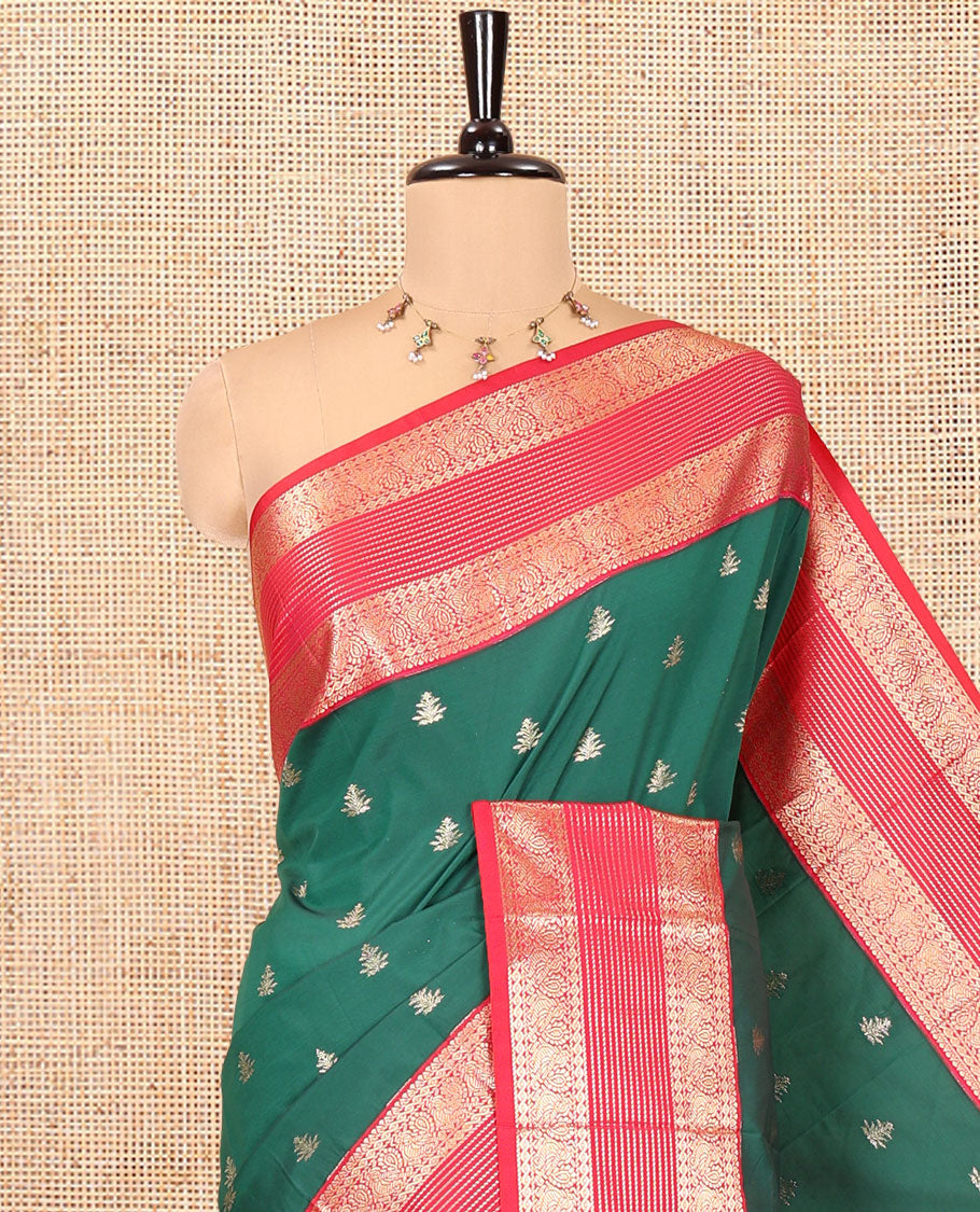 Green and Dark Pink Budget Silk Saree, Zari Buttas All Over Its Body, With Contrast Traditional Zari Border of Peacock Designs, Grand Jaal Pallu, and Contrast Blouse