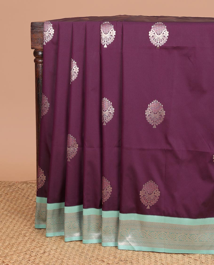 Wine color mango design semi soft silk saree with contrast border & grand pallu along with plain blouse