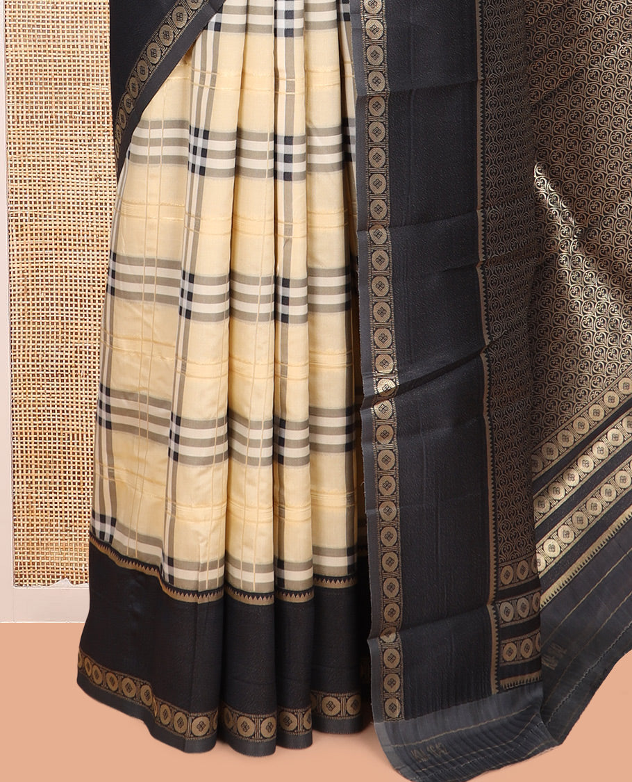 Ivory-Black Budget Silk Saree, Adorned with Burberry-Style Checks, a Contrast Rettai Pettu Border, Intricate Pallu, and a Contrast Blouse