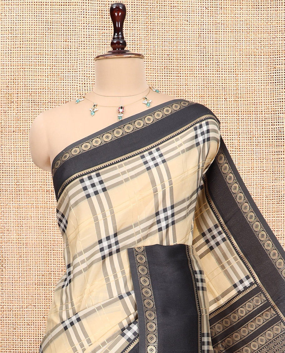 Ivory-Black Budget Silk Saree, Adorned with Burberry-Style Checks, a Contrast Rettai Pettu Border, Intricate Pallu, and a Contrast Blouse