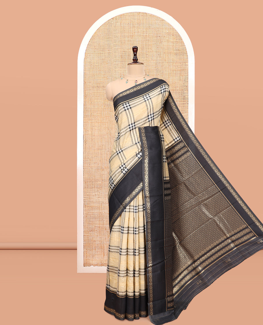 Ivory-Black Budget Silk Saree, Adorned with Burberry-Style Checks, a Contrast Rettai Pettu Border, Intricate Pallu, and a Contrast Blouse