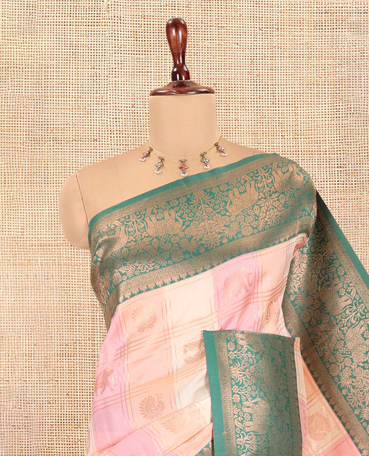 Multi-Color Zari Butta Enclosed Checks Litchi Saree, Decorated with Contrast Traditional Border and Blouse