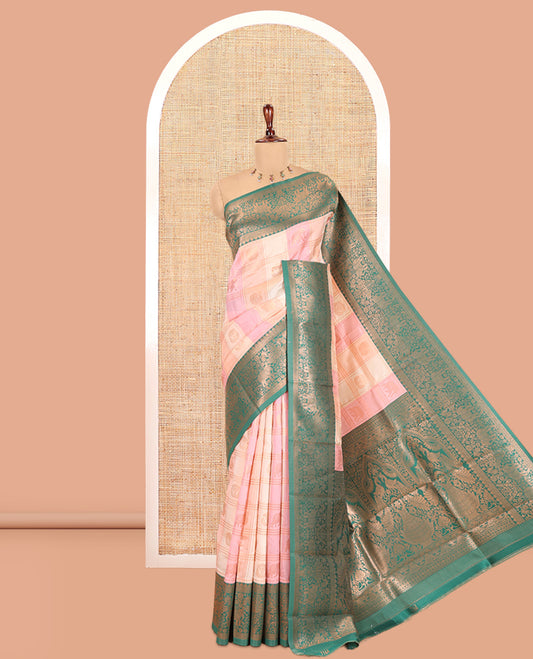 Multi-Color Zari Butta Enclosed Checks Litchi Saree, Decorated with Contrast Traditional Border and Blouse