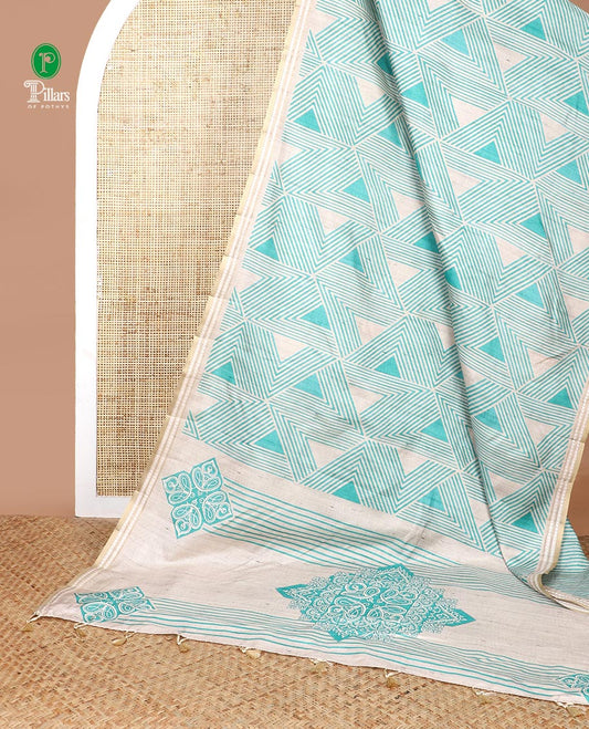 Chikku color with green block geometric print fancy tussar silk saree with zari resam border & block print pallu along striped blouse