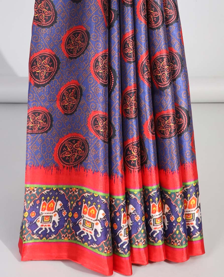 Violet circular motifs  semi-banaras printed saree with contrast elephant motifs border & intricate design pallu