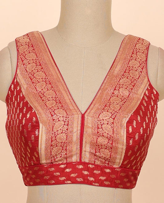 Maroon floral zari design front & back deep v-neck raw-silk readymade sleeveless blouse