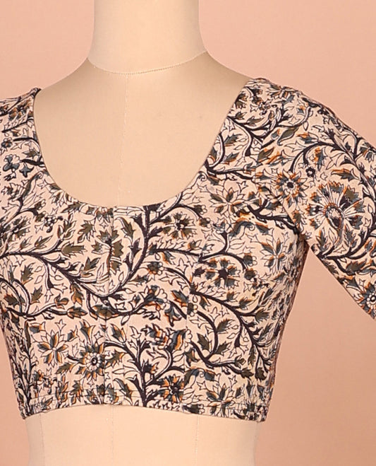 Green floral vine printed front and back round neck elbow sleeve cotton readymade blouse