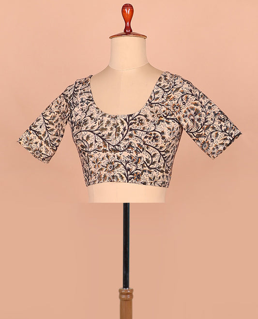 Green floral vine printed front and back round neck elbow sleeve cotton readymade blouse