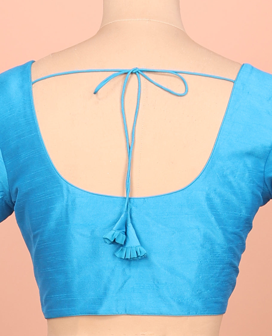 Sky Blue Plain Readymade Blouse Featuring a Front Round-Neck, Back Round-Neck, and Elbow Sleeves