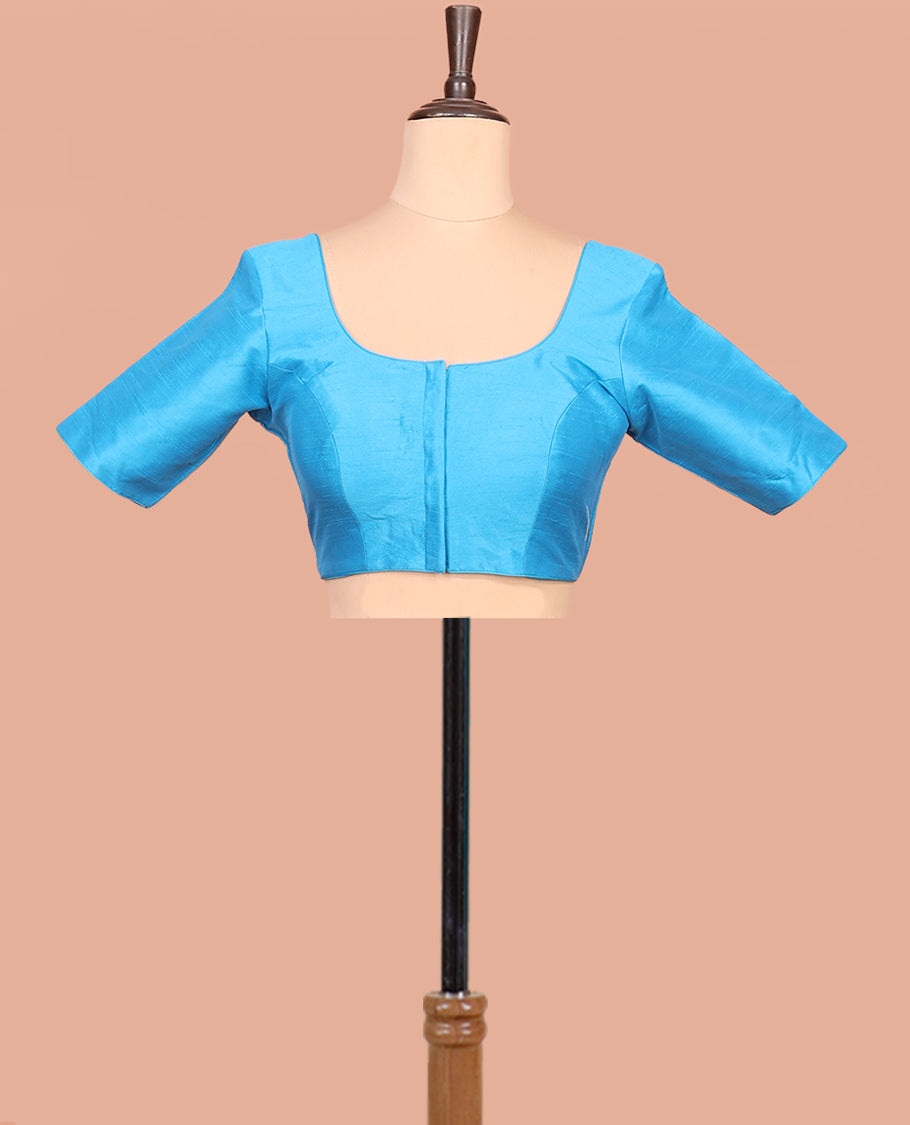 Sky Blue Plain Readymade Blouse Featuring a Front Round-Neck, Back Round-Neck, and Elbow Sleeves