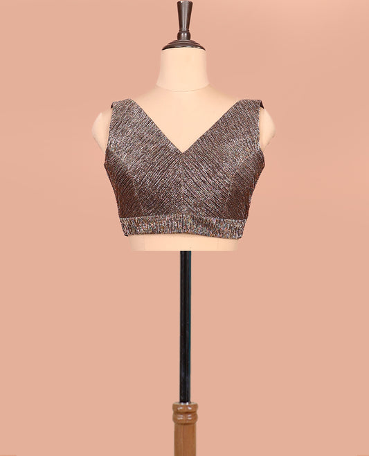 Brown Readymade Blouse Featuring a Front V-Neck, Back V-Neck, and Sleeveless
