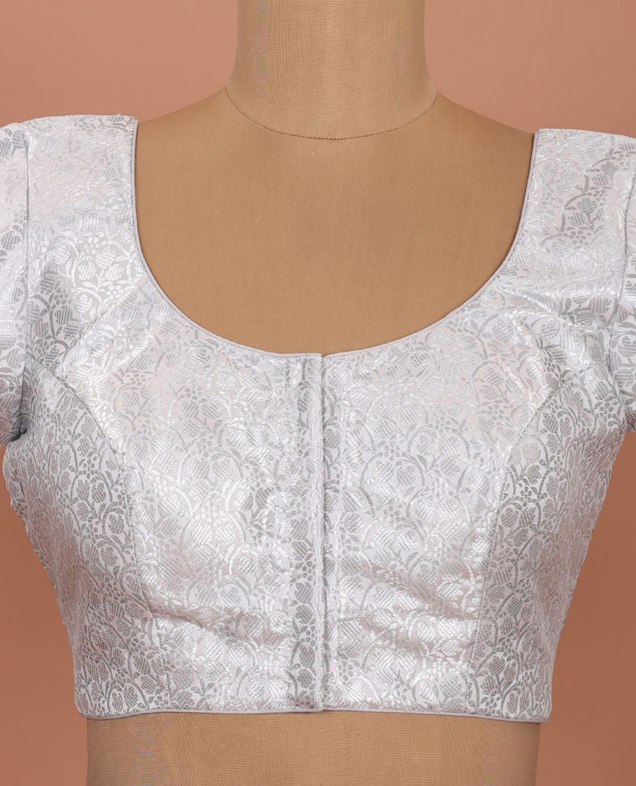 White brocade front-back round neck elbow-sleeve readymade blouse