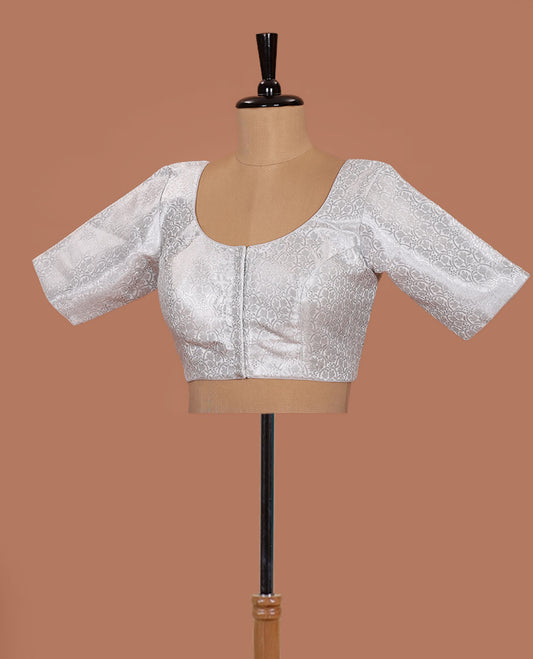White brocade front-back round neck elbow-sleeve readymade blouse