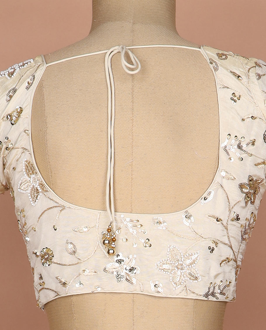 Sandal floral vine mixed embroidered round neck elbow sleeve raw silk readymade blouse