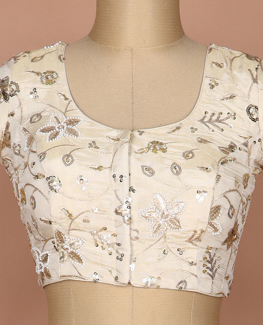Sandal floral vine mixed embroidered round neck elbow sleeve raw silk readymade blouse