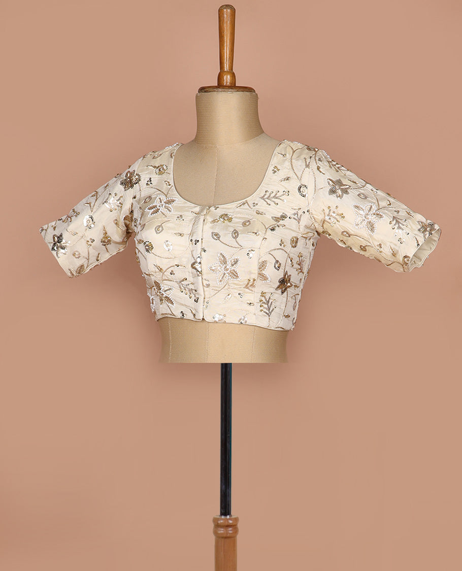 Sandal floral vine mixed embroidered round neck elbow sleeve raw silk readymade blouse