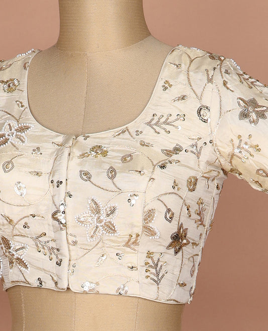 Sandal floral vine mixed embroidered round neck elbow sleeve raw silk readymade blouse