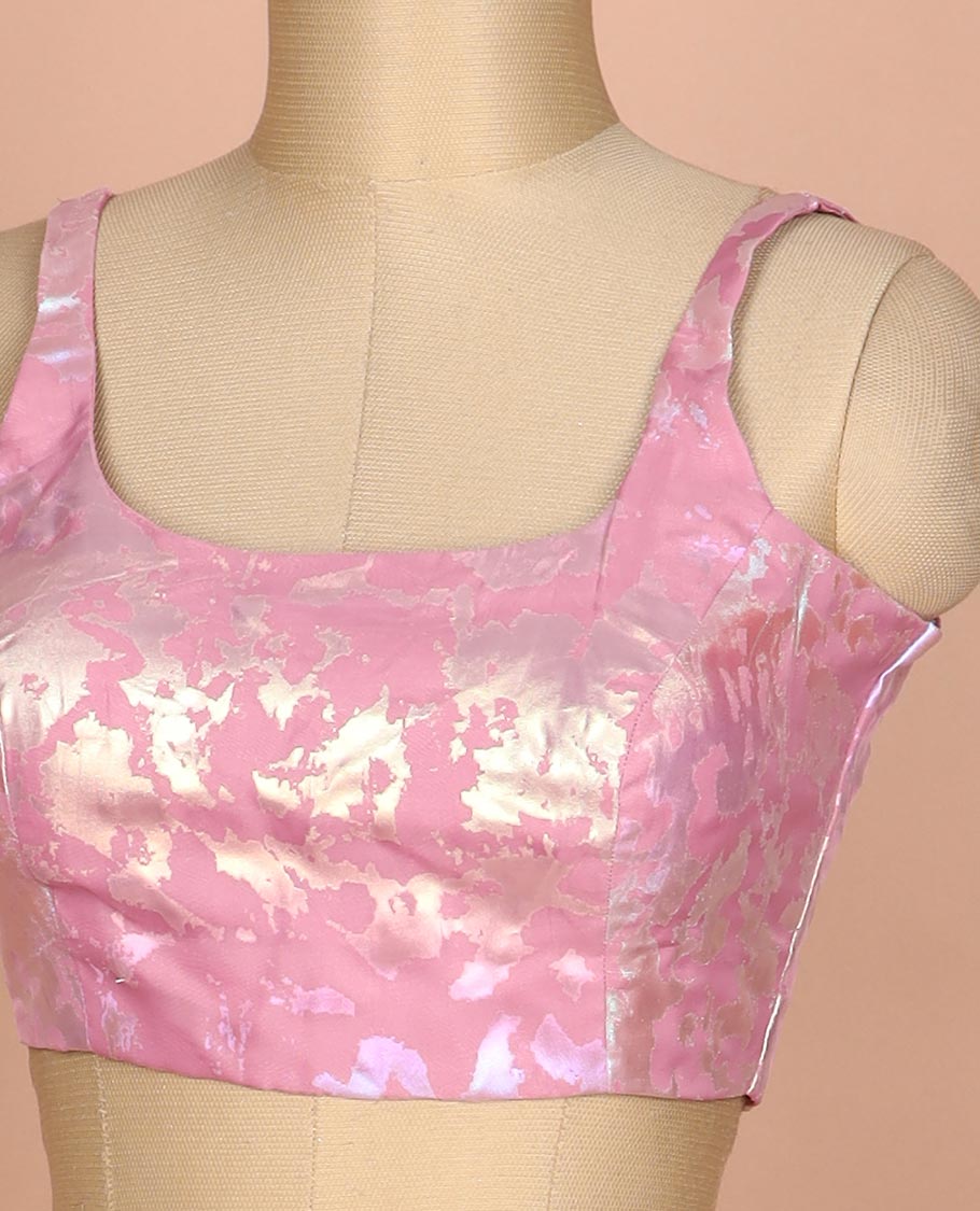 Pink abstract style foil printed round neck thick strap sleeveless readymade blouse