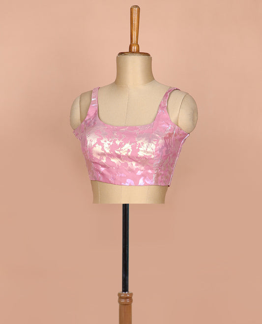 Pink abstract style foil printed round neck thick strap sleeveless readymade blouse