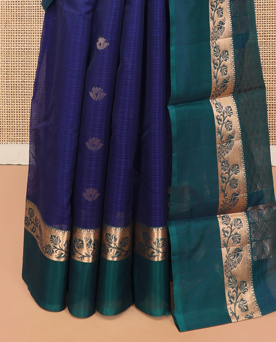 Blue Silk Cotton Saree, Subtly Enriched with Zari Buttas, a Contrast Floral Creeper Border, Jaal Pallu, and a Contrast Blouse