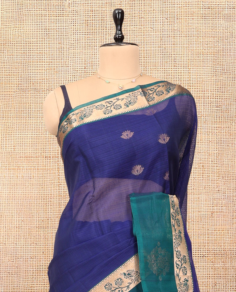 Blue Silk Cotton Saree, Subtly Enriched with Zari Buttas, a Contrast Floral Creeper Border, Jaal Pallu, and a Contrast Blouse