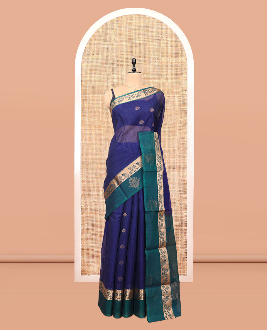 Blue Silk Cotton Saree, Subtly Enriched with Zari Buttas, a Contrast Floral Creeper Border, Jaal Pallu, and a Contrast Blouse