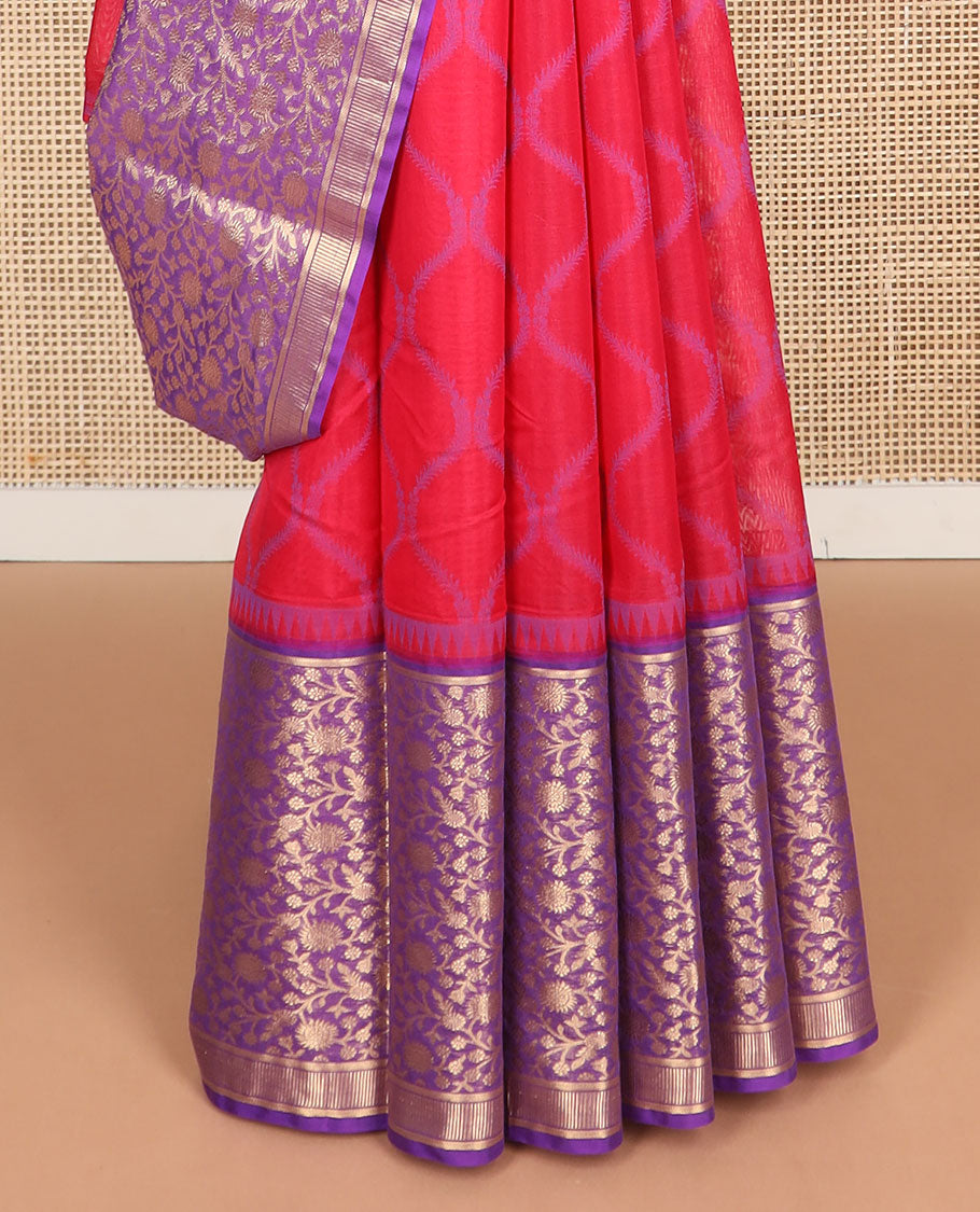 Red argyle design silk cotton saree with contrast floral design & jacquard design pallu