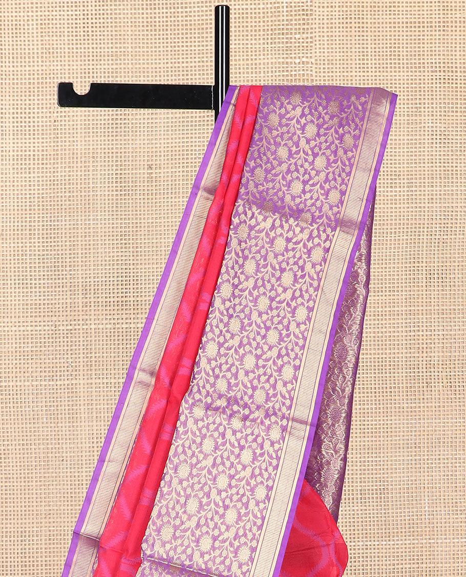 Red argyle design silk cotton saree with contrast floral design & jacquard design pallu