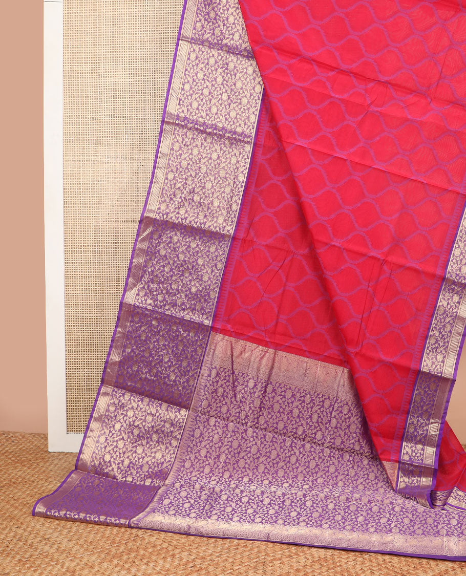 Red argyle design silk cotton saree with contrast floral design & jacquard design pallu