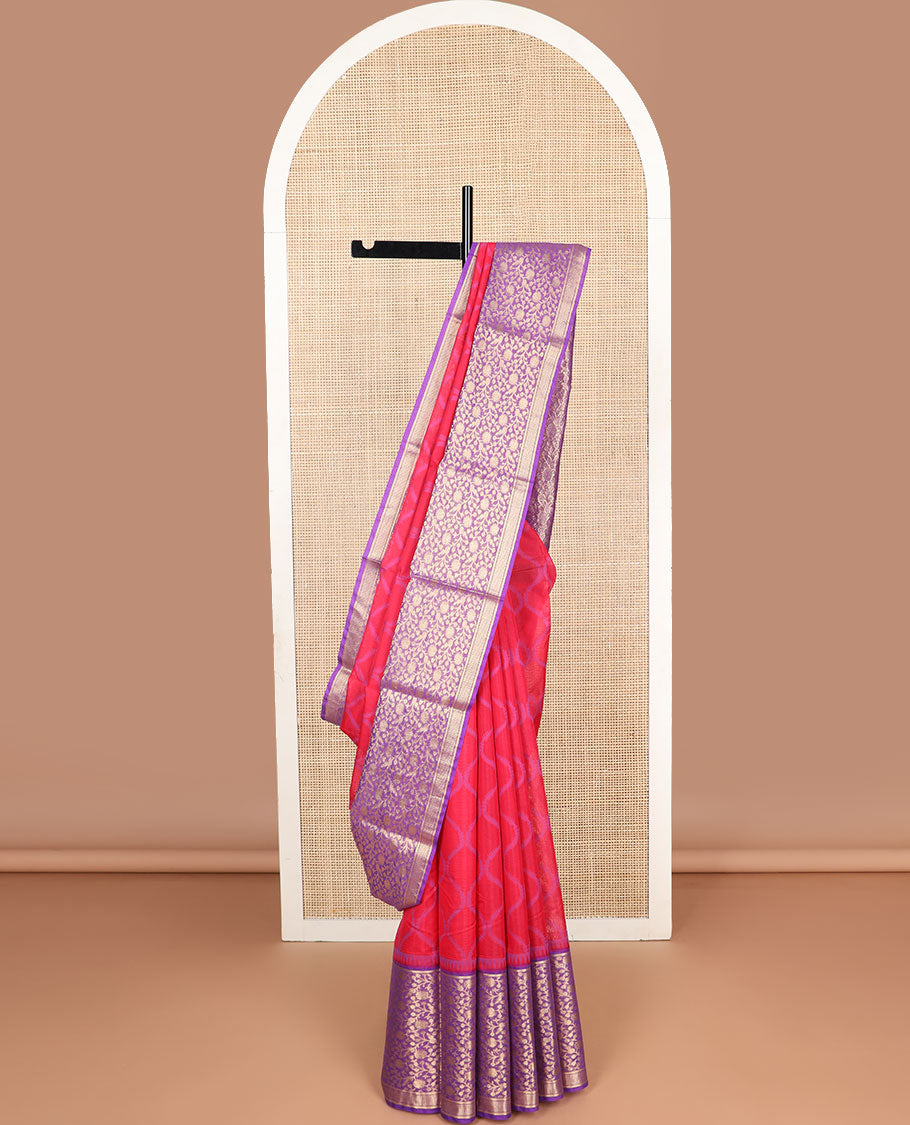 Red argyle design silk cotton saree with contrast floral design & jacquard design pallu