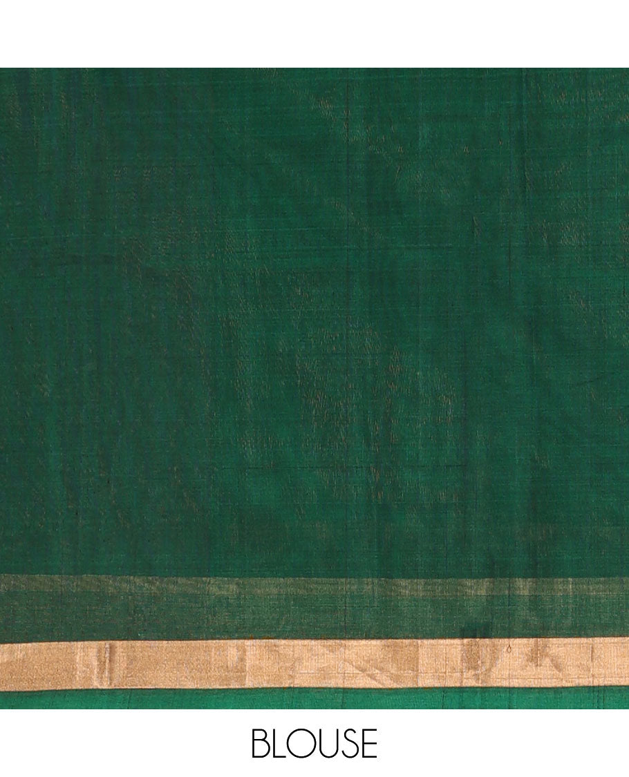 Orange zari buttas silk cotton saree, contrast bavanji border, and contrast floral design pallu