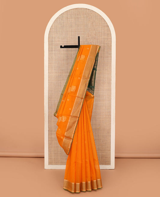 Orange zari buttas silk cotton saree, contrast bavanji border, and contrast floral design pallu