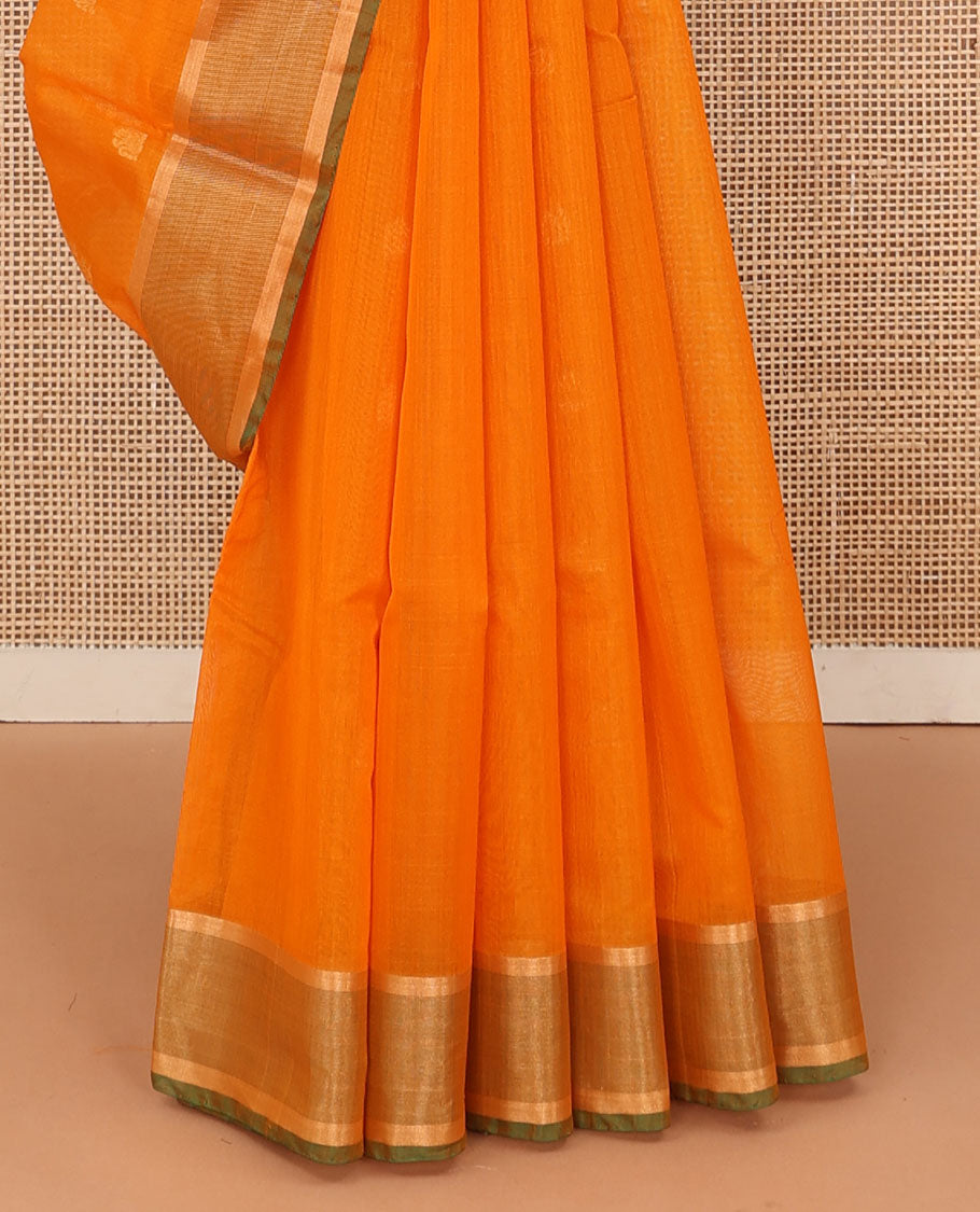 Orange zari buttas silk cotton saree, contrast bavanji border, and contrast floral design pallu