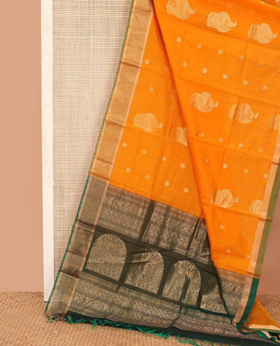 Orange zari buttas silk cotton saree, contrast bavanji border, and contrast floral design pallu