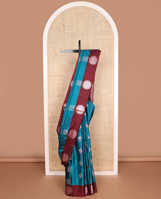 Blue geometric design soft silk saree with contrast zari design border & geometric design pallu