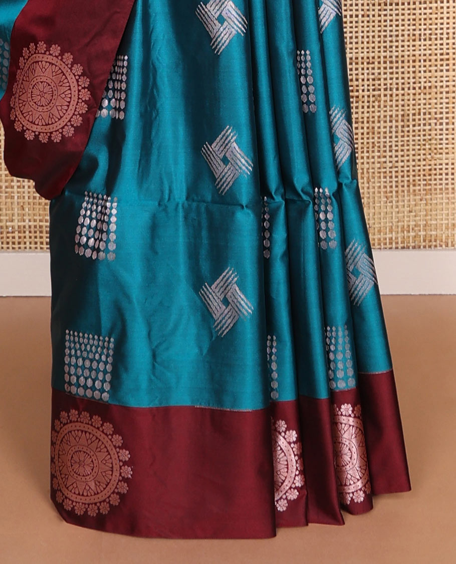 Blue geometric design soft silk saree with contrast zari design border & geometric design pallu