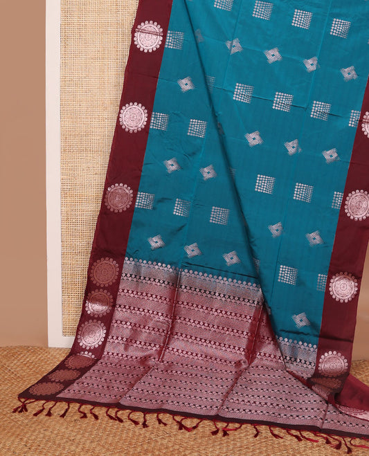 Blue geometric design soft silk saree with contrast zari design border & geometric design pallu