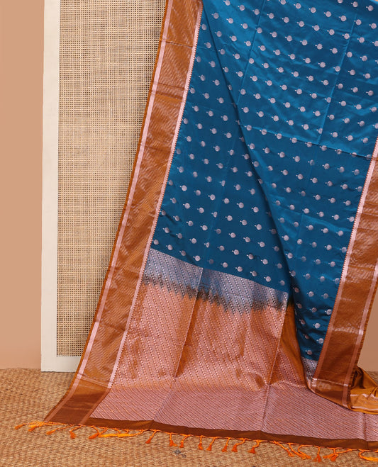 Blue semi-soft silk saree with zari buttas, contrast traditional zari design border & pallu of geometric designs