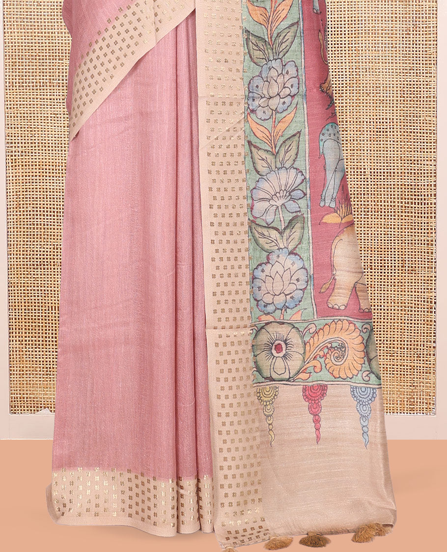 PInk Plain Fancy Tussar Silk Saree, Contrast Triangle Motif Border, Pallu of Kalamkari Animal Motifs, and Contrast Kalamkari Printed Blouse