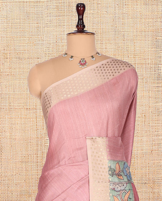 Pink Plain Fancy Tussar Silk Saree, Contrast Triangle Motif Border, Pallu of Kalamkari Animal Motifs, and Contrast Kalamkari Printed Blouse