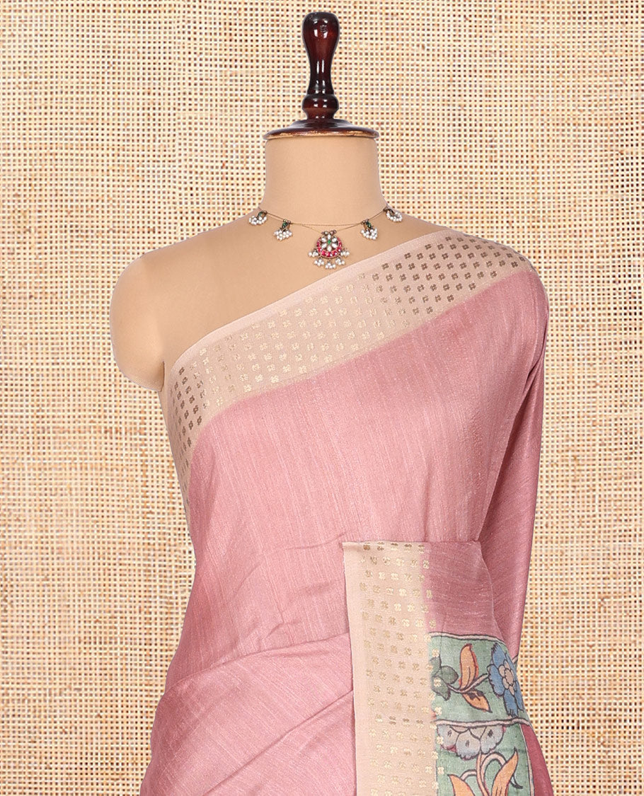 PInk Plain Fancy Tussar Silk Saree, Contrast Triangle Motif Border, Pallu of Kalamkari Animal Motifs, and Contrast Kalamkari Printed Blouse