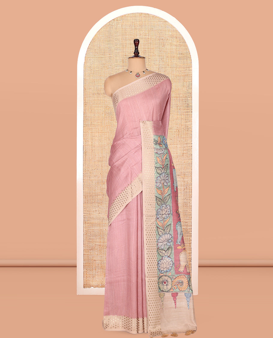 PInk Plain Fancy Tussar Silk Saree, Contrast Triangle Motif Border, Pallu of Kalamkari Animal Motifs, and Contrast Kalamkari Printed Blouse