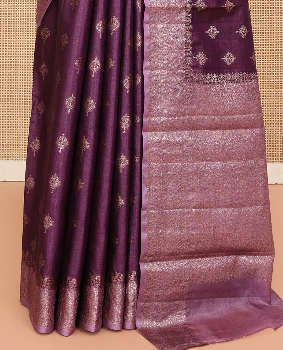 Dark Purple Tussar Silk Saree, Elevated with Zari Buttas, a Contrast Zari Border, Grand Pallu, and a Contrast Blouse